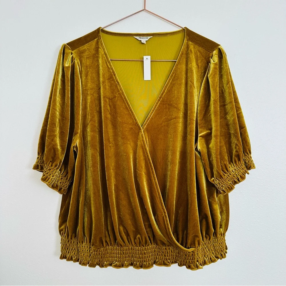 New Madewell Velvet Smocked Crossover Golden  Boho Blouse Top Mustard Gold